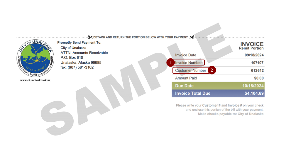 Sample Unalaska invoice with the invoice and customer number highlighted