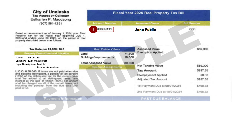 Sample Unalaska Tax bill with the account number highlighted