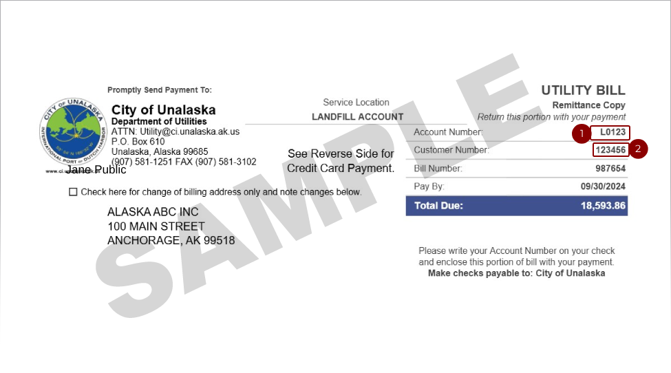 Sample Unalaska Utility bill with the account number highlighted